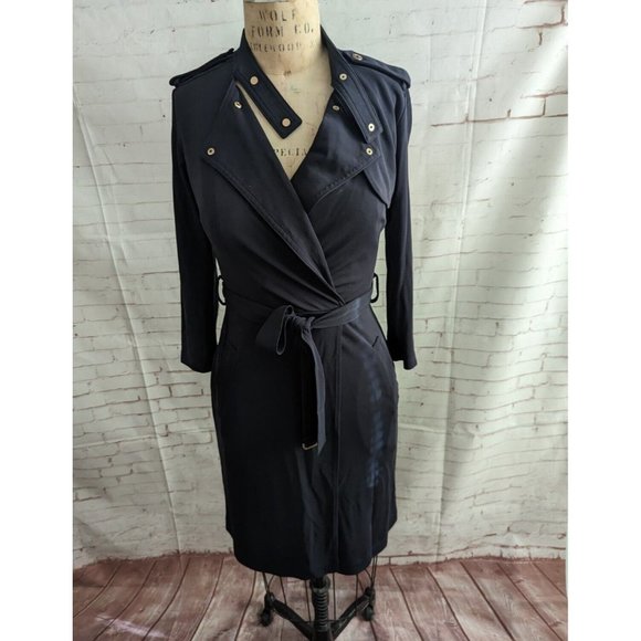 Ann Taylor Womens Dress Size 0 XS Trench Military Inspired Faux Wrap Black Navy - Picture 2 of 13